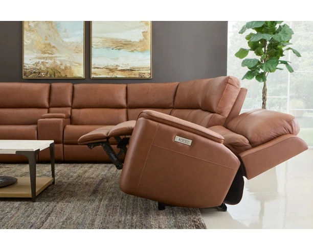 6-Piece Power Reclining Sectional in Caramel Leather-Like Upholstery