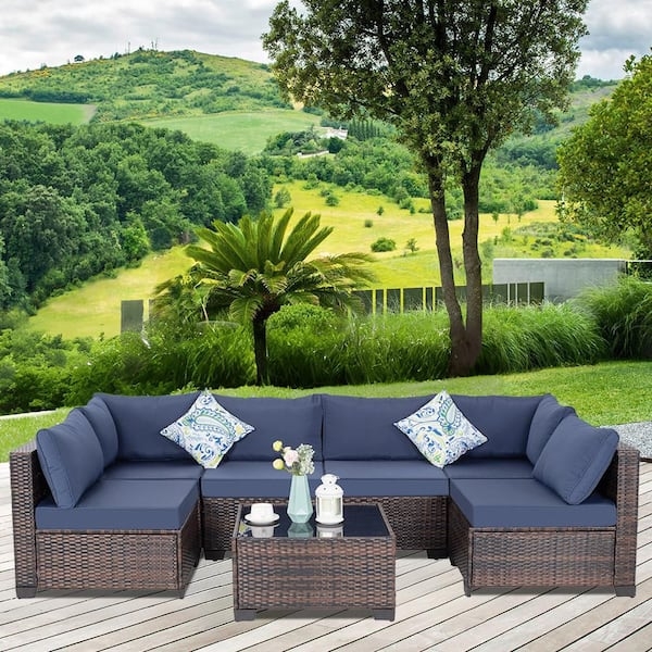 7-Piece Outdoor Sectional Set Gray Wicker with Navy Blue Cushions