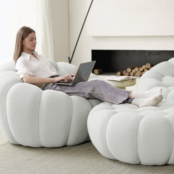 Accent Chair and Ottoman Set, Beige 3D Honeycomb Quilted Fabric
