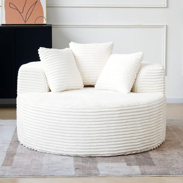 Accent Chair Beige Corduroy Round Silhouette with Deep Seat