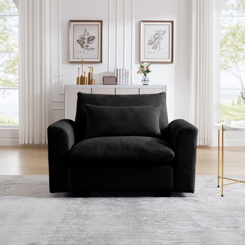 Accent Chair Black Ribbed Corduroy Deep Seat Industrial
