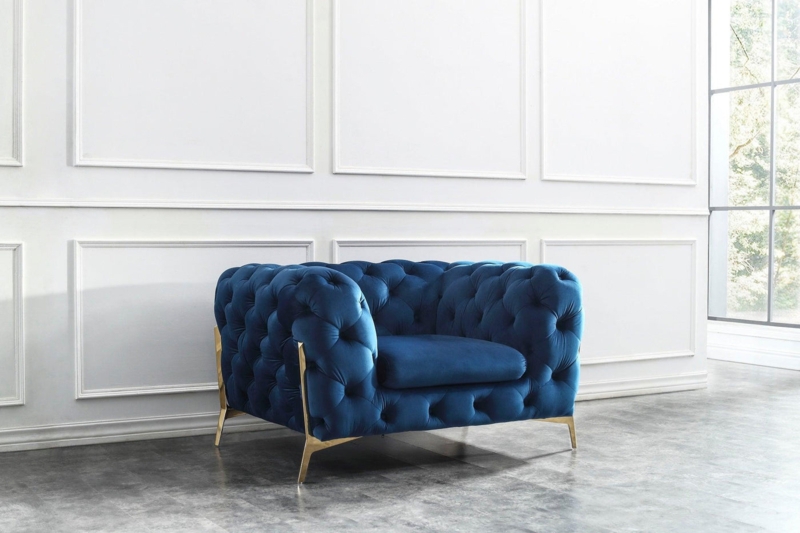Accent Chair Navy Velvet Channel Tufting Gold Tapered Legs Glam