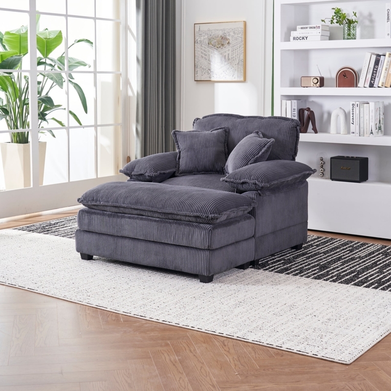 Accent Chair Oversized Gray Corduroy With Ottoman Plush