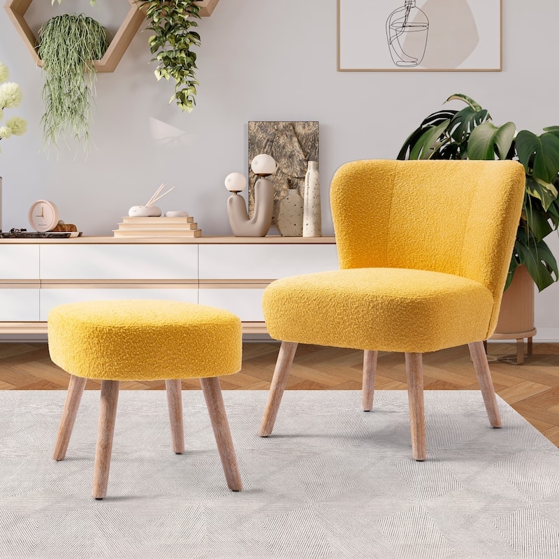 Accent Chair Pink Boucle Curved Back Gold Legs Glam Ottoman