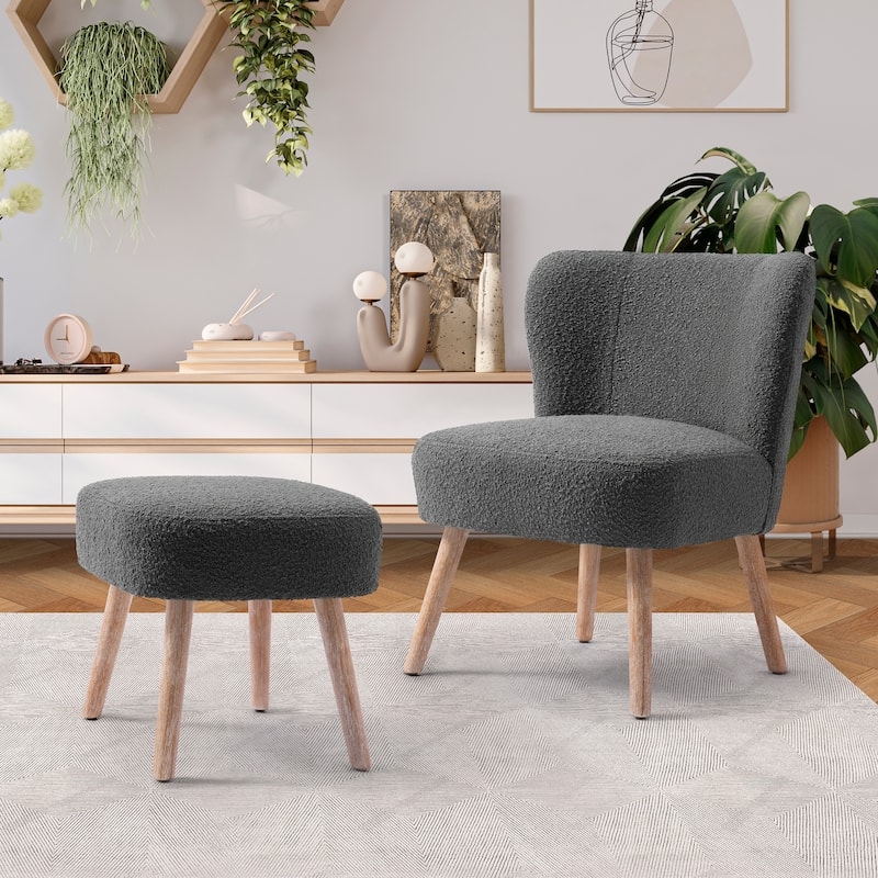 Accent Chair Set Pink Boucle Barrel Silhouette Wooden Base