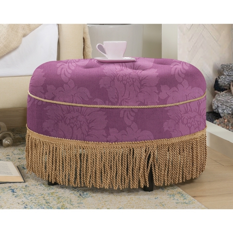 Accent Ottoman Round Button Tufted Top Dark Tapered Legs Purple