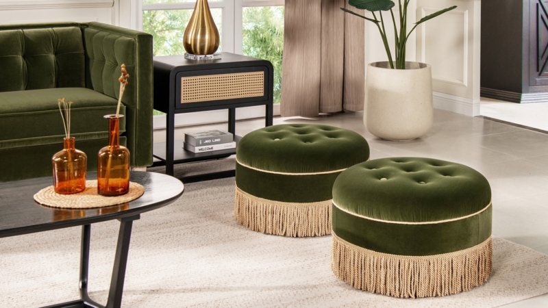 Accent Ottoman Vertical Channeling Ribbed Surface Textured Fabric