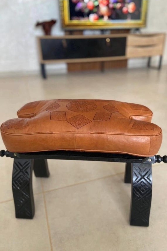 Accent Stool Embossed Tooling Hanging Tassels Moroccan Style Saddle Seat
