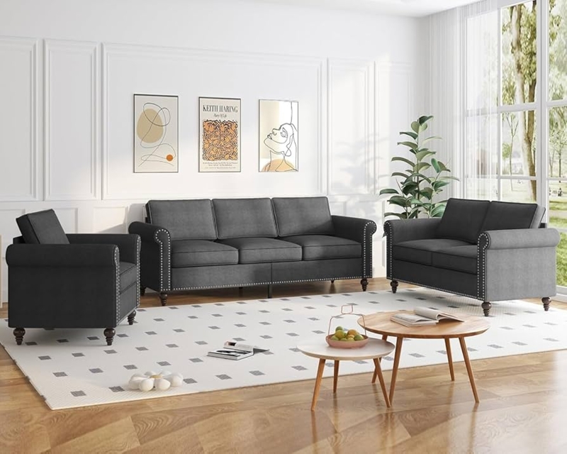 Airy Living Room Set High Profile Legs Cream Track Arms