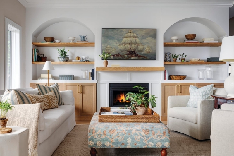 Airy Living Room Window Treatments with Wood-Framed Accent Chairs