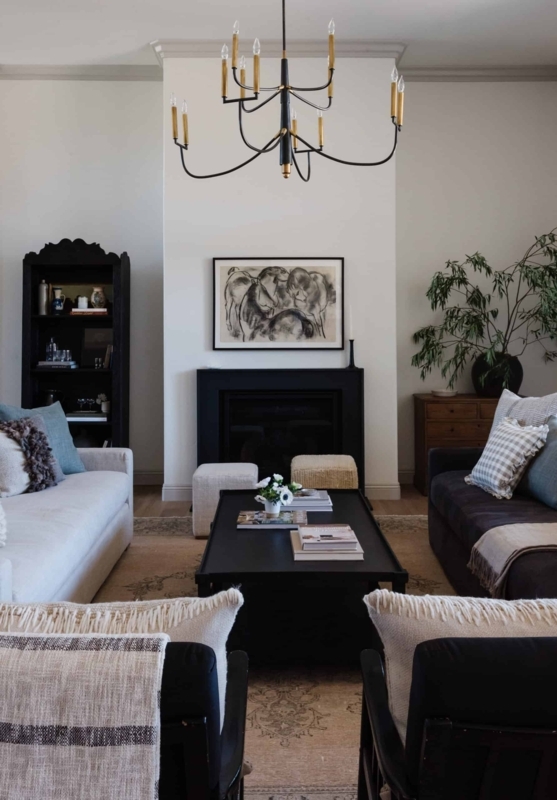 Airy Living Room with Slipcovered Sofa and Blue Block Print Armchairs