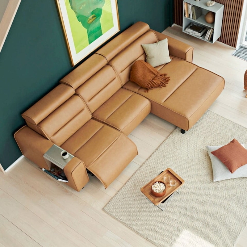 Almond Leather-Look Sectional Sofa with Adjustable Headrests