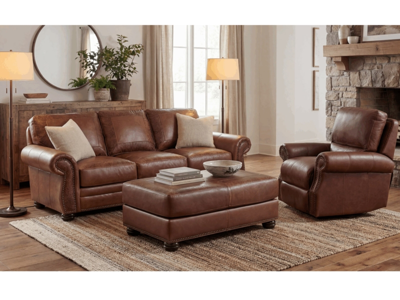 Almond Leather Sofa with Rolled Arms and Nailhead Accents