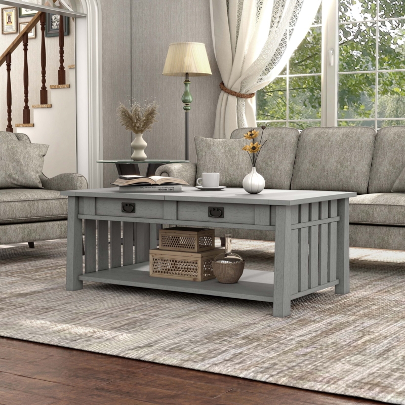 Antique Gray Lift-Top Coffee Table with Hidden Storage and Open Shelf