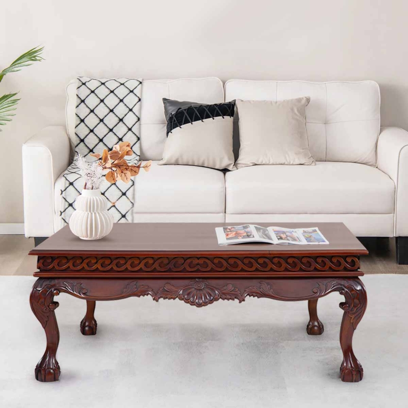 Antique Style Coffee Table with Hand Carved Apron and Claw Feet