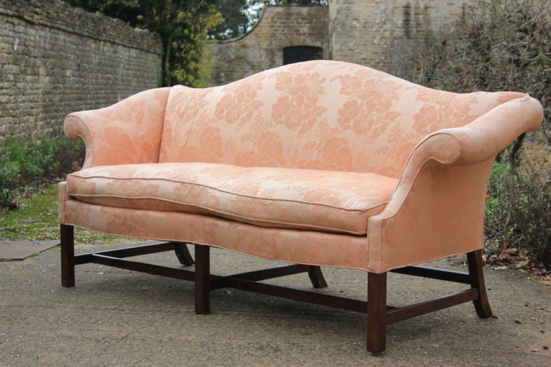 Antique Tufted Cream Sofa Camelback Carved Wood Cabriole Legs