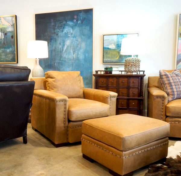 Armchair And Ottoman Set Tan Leather Cowhide Panels Western Style