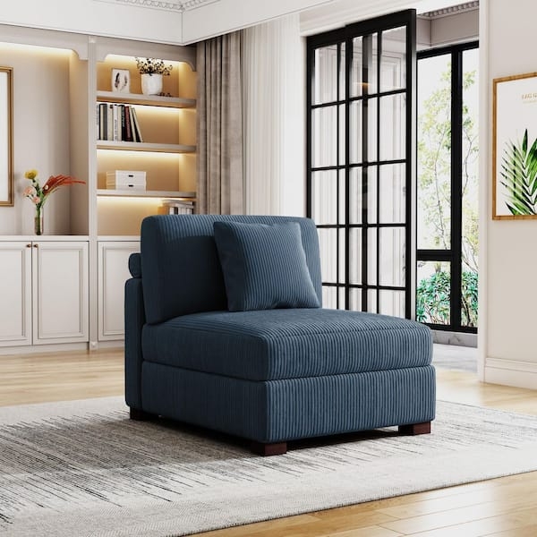 Armless Sectional Sofa Navy Blue Corduroy Modular Low Profile
