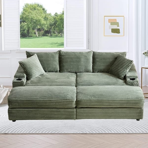 Army Green Corduroy Sofa featuring Fold Down Cup Holders