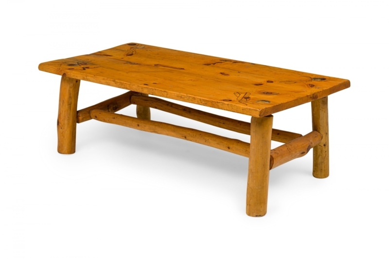 Artisanal Coffee Table Carved Feather Design Distressed Pine
