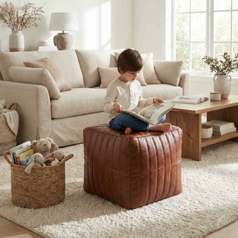 Artisanal Tan Leather-Like Cube Ottoman with Contrast Cross-Stitching
