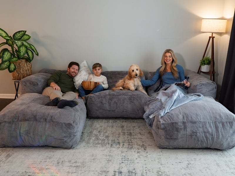 Bean Bag Chair Graphite Grey High Pile Faux Fur Set Ottoman