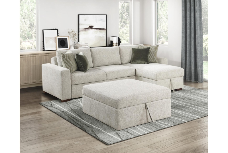 Beige Button Tufted Round Storage Ottoman with Casters and Wood Base