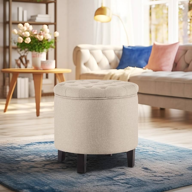 Beige Button Tufted Storage Ottoman, Lift Top, Round Silhouette