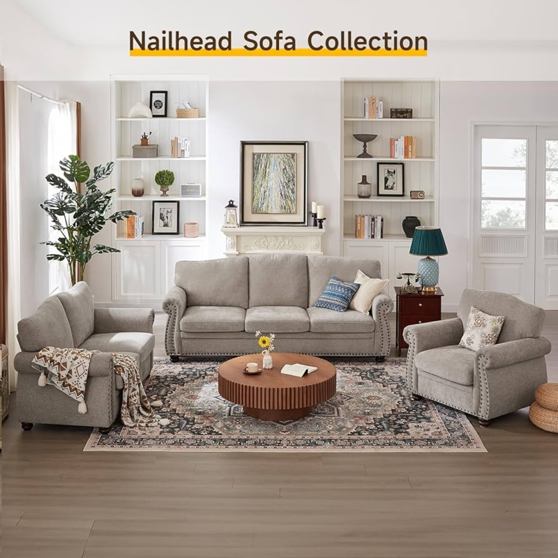 Beige Chenille Loveseat, Rolled Arms, Curved Back, Turned Wood Legs