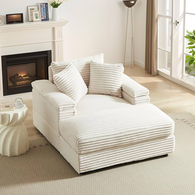 Beige Corduroy Chaise Lounge Low Profile With Matching Ottoman