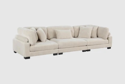 Beige Corduroy Sofa with Low Profile and Modern Track Arms