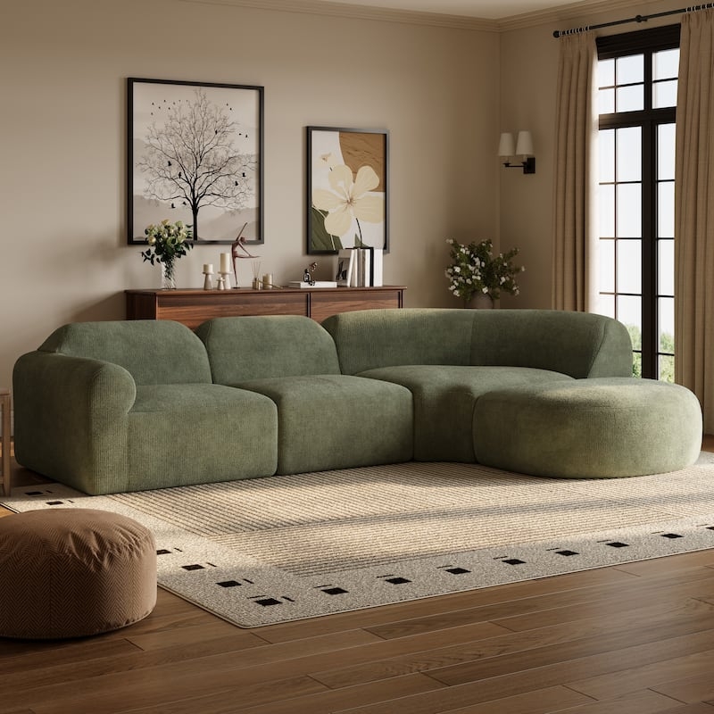 Beige Curved Sectional Sofa & Deep Seat Ottoman for Scandinavian Style.