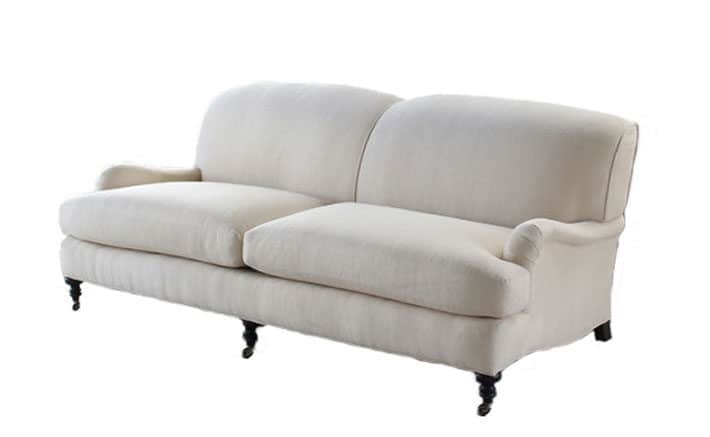Beige English Roll Arm Sofa with Pleated Arms and Caster Feet