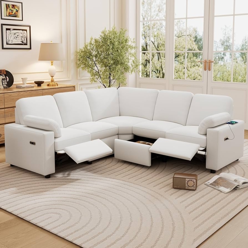 Beige Fabric Power Reclining Sectional with Base Storage Drawers