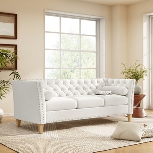 Beige Flared Arm Sofa with Nailhead Trim & Bolster Pillows