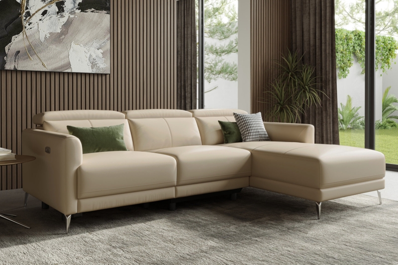 Beige Leather Reclining Sectional Sofa with Slim Metal Legs