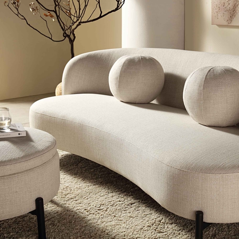 Beige Linen Blend Curved 3-Seater Sofa with Ball Cushions