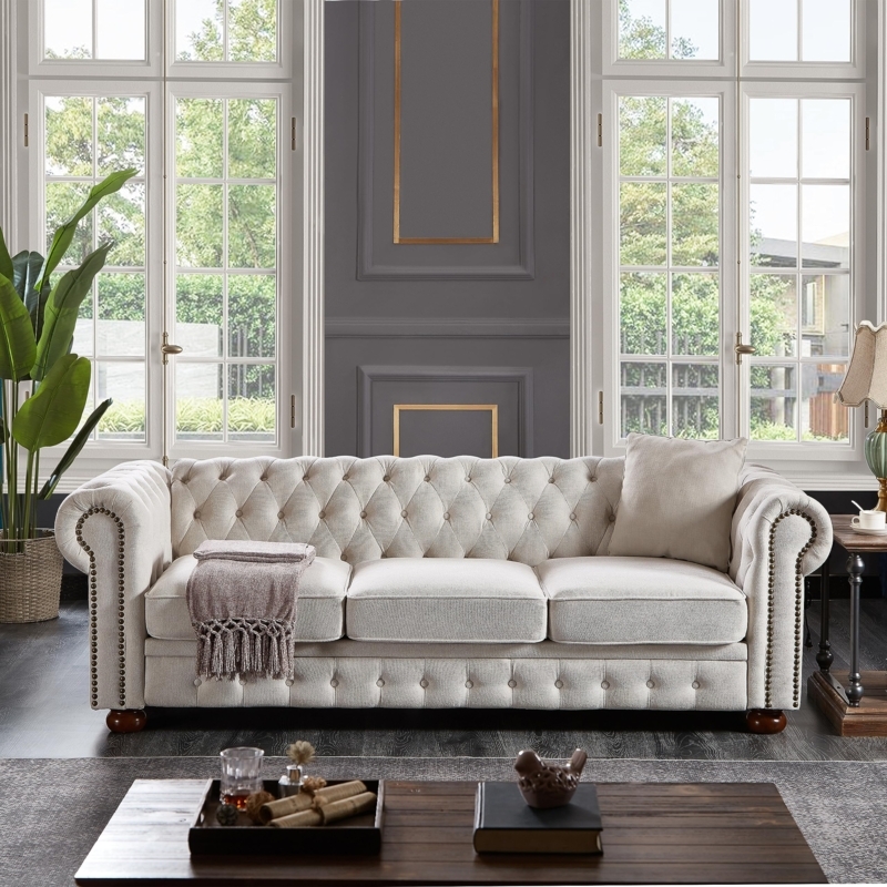 Beige Linen Chesterfield Sofa Button Tufted Transitional Living Room