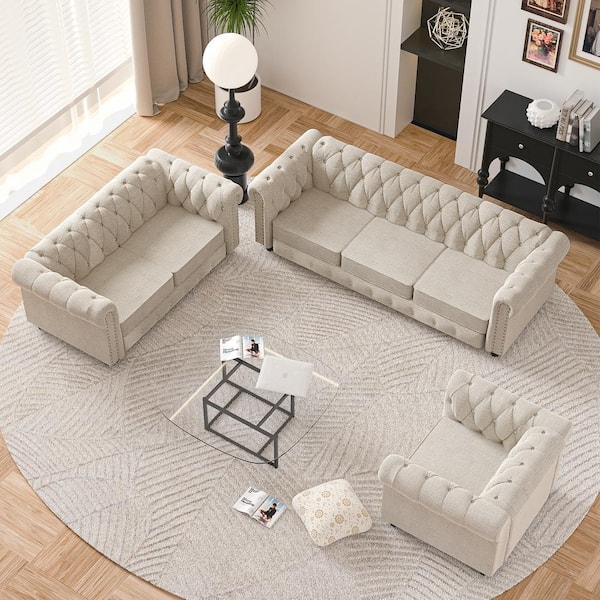 Beige Linen Chesterfield Sofa Set Diamond Tufted Rolled Arms Nailhead Trim
