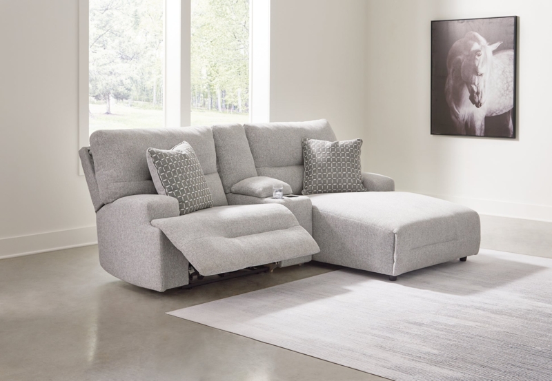 Beige Linen-Like Power Reclining Sectional with Chaise and Tufting