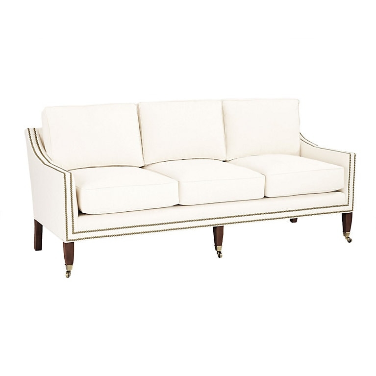 Beige Linen-Like Sofa, Sloped Arms, Tight Back, Aged Brass Nailheads