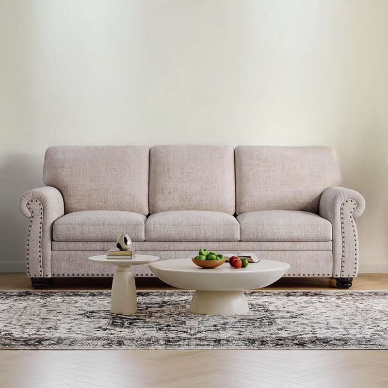 Beige Linen-Like Sofa, Tufted Back, Rolled Arms, Modern Farmhouse Style
