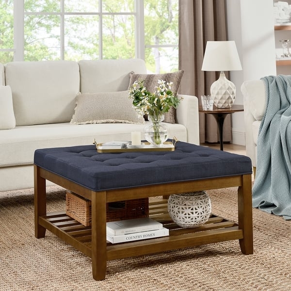 Beige Linen Tufted Ottoman Coffee Table with Shelf