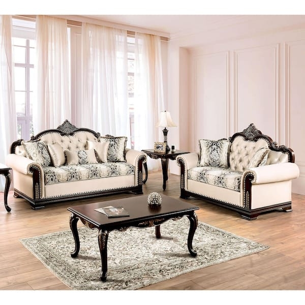 Beige Living Room Set Carved Wood Frame Traditional