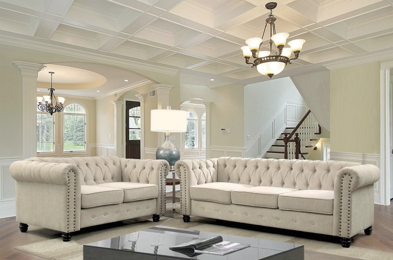 Beige Living Room Set Tapered Wood Legs Track Arm Silhouette