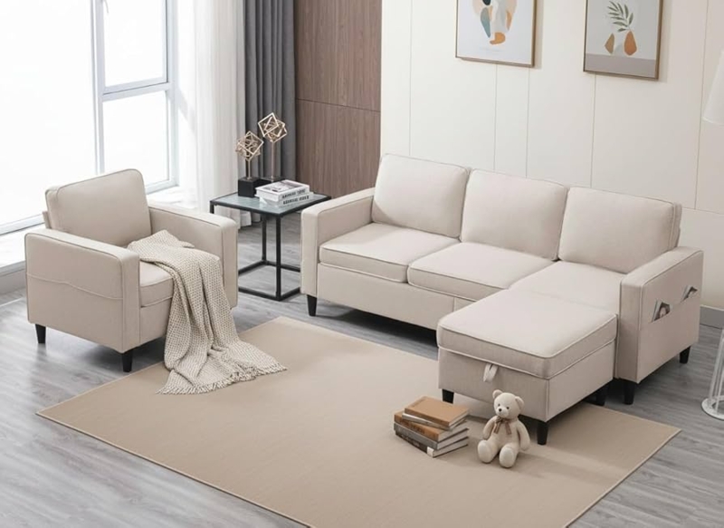 Beige Living Room Set Tufted Back Tapered Wood Legs Scandinavian