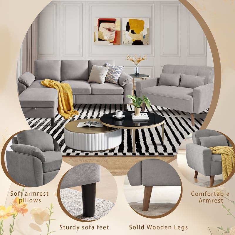 Beige Living Room Set Vertical Channel Tufting Gold Legs