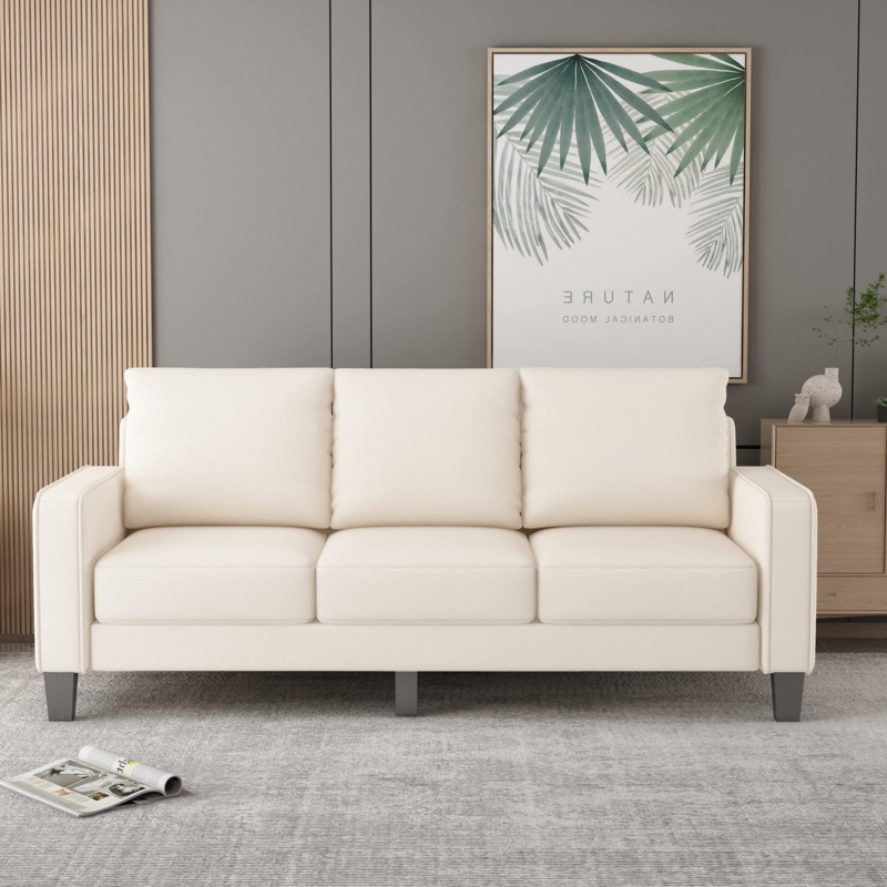 Beige Mid Century Sofa Tapered Wood Legs Square Arms