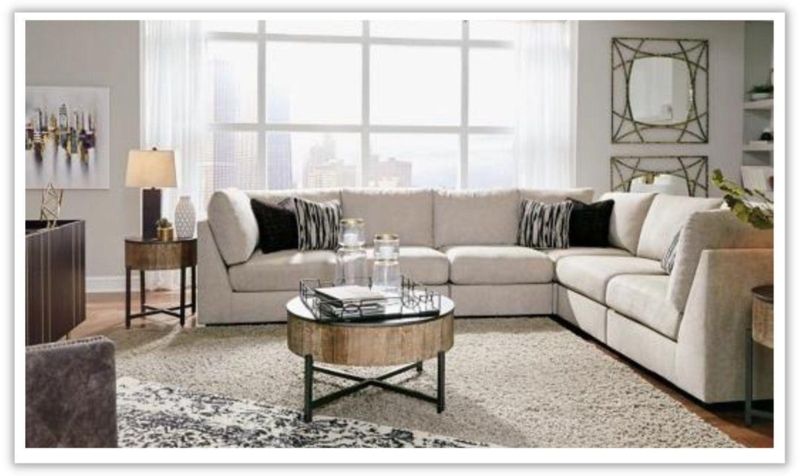 Beige Modular Sectional Sofa with Tuxedo Arms and Loose Cushions