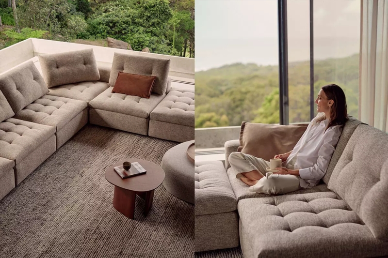 Beige Modular Sectional with Integrated Timber Shelving